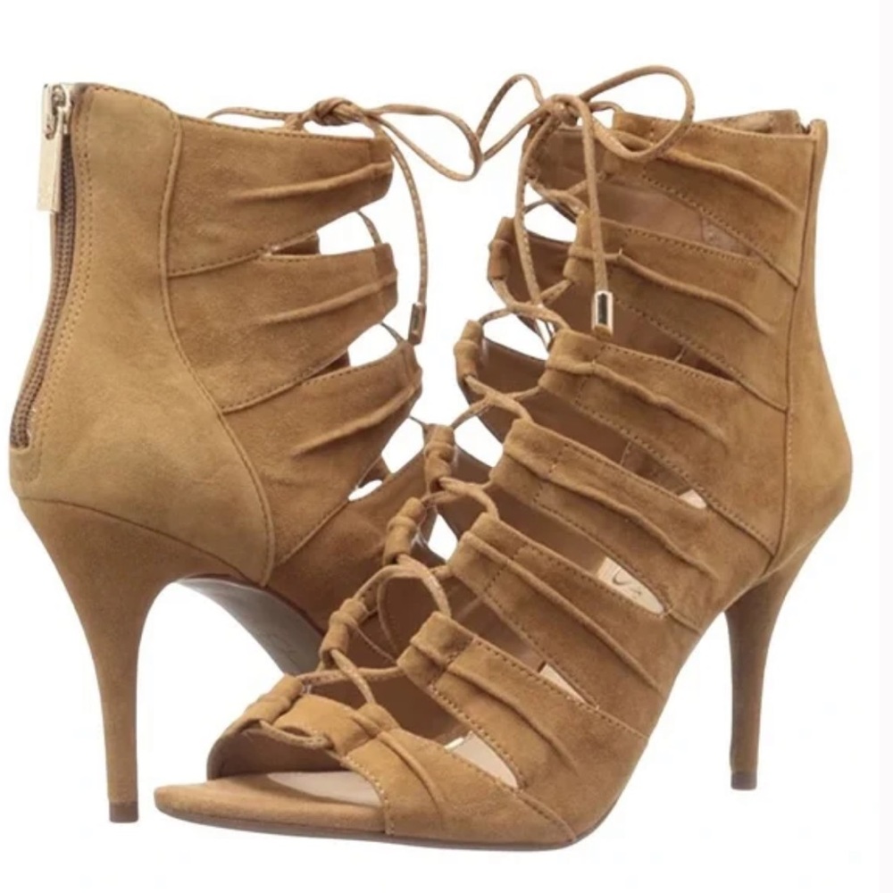Jessica Simpson Mahiri Taupe Suede Lace Up Gladiator Stiletto 9medium